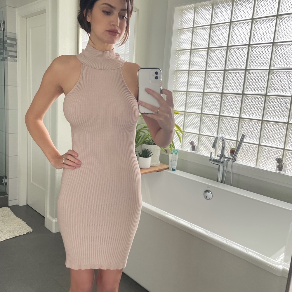 Beige mock neck body con dress.